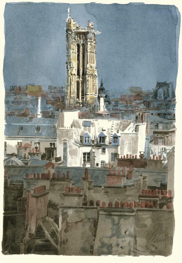 Aquarelle Alain Ménégon Vue Paris tour Saint Jacques