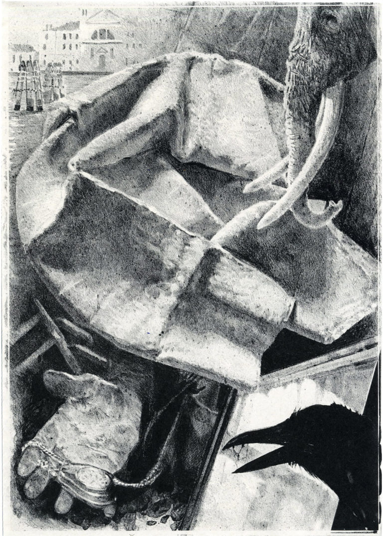 Lithographie Alain Ménégon Venise Elephant Corbeau