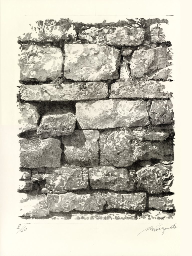 Lithographie Alain Ménégon Vue mur du jardin